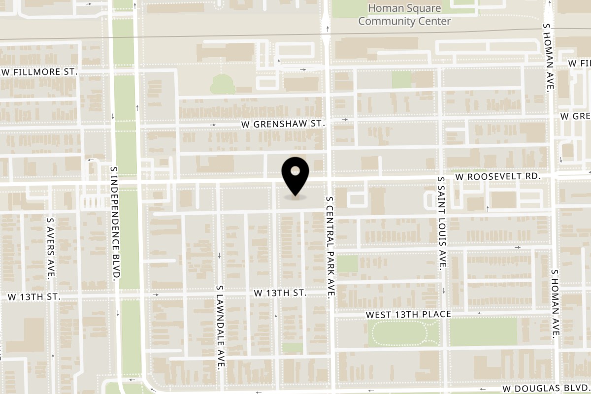 Map showing the location of Soulé on 3615 W Roosevelt Rd in Chicago